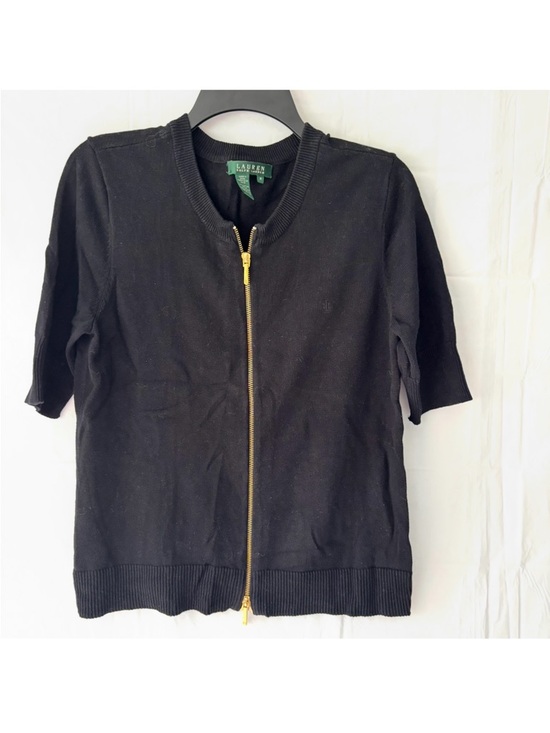 Lauren Ralph Lauren Sweaters - NWOT Lauren Ralph Lauren Black Gold Zip-Front Cotton Short Sleeve Cardigan SZ M
